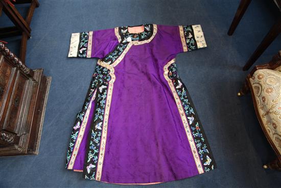 A Chinese embroidered purple satin robe, drop 4ft 6in approx.